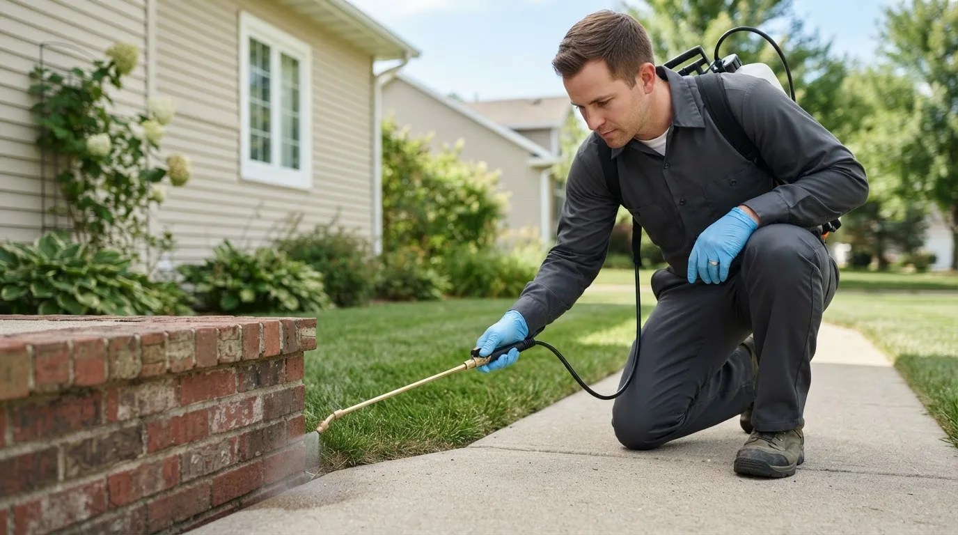 Pest control technician treating a home near New Bremen, OH