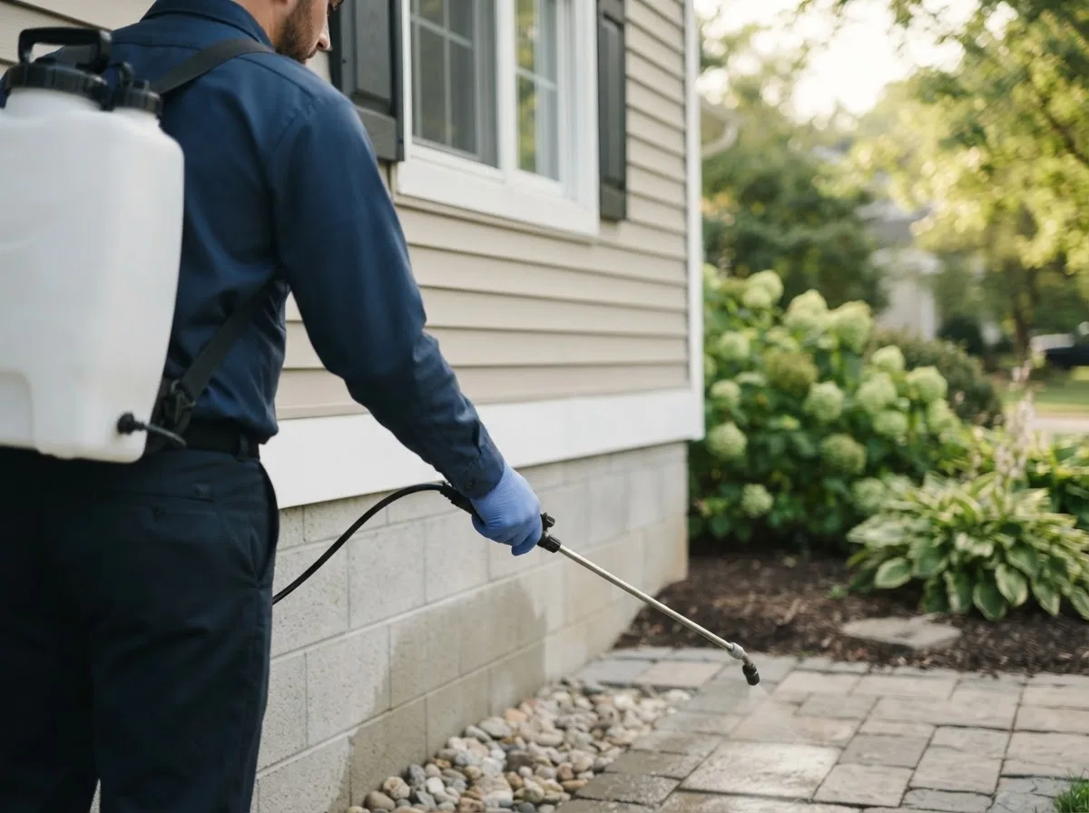 Pest control technician inspecting a home in New Bremen, OH